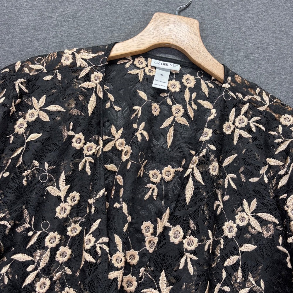 Catherines Womens Open Front Kimono Jacket 4X Black Embroidered Floral Lace